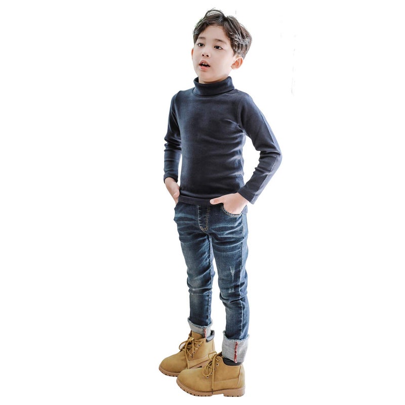 CUNYI Boys Girls Turtleneck Long Sleeve Soft Cotton T-Shirts Solid Color Warm Tops, SA12578, Navy Blue, 150 - Image 4